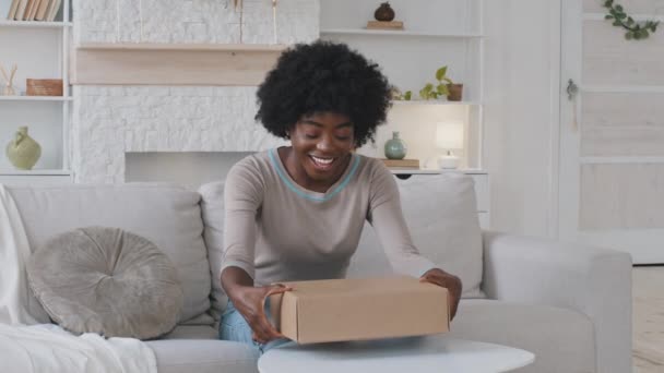 Bahagia puas pelanggan wanita Afrika-Amerika yang duduk di sofa mendapatkan paket kardus pos membongkar kotak karton besar, membuka gembira melihat ke dalam menerima mengejutkan pembelian pengiriman pos — Stok Video