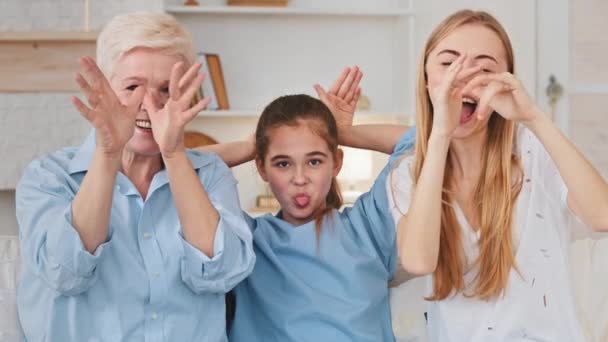 Fröhlich fröhliche generationenübergreifende Familie, die zusammen Spaß hat, bringt lustige Gesichter zum Lachen, die in die Kamera schauen. 3 Generation Frauen Familienporträt, Nettes kleines Mädchen Enkelin, alte Oma und junge Tochter — Stockvideo