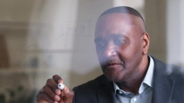 Cam arkasında Afro-Amerikan yetişkin adam afro-siyah iş adamı patron bilim adamı ofisteki şeffaf tahtaya yazı yazıyor işaret çözücü ile notlar alıyor strateji hakkında düşünüyor