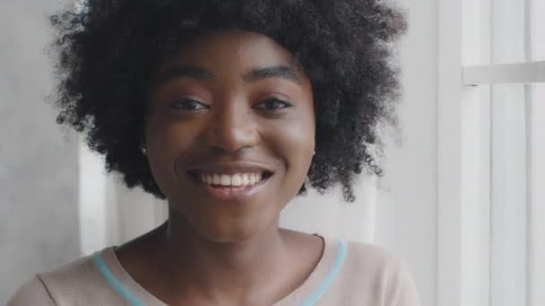 Gros plan portrait African young woman with Afro hair, beautiful face standing indoor smile look at camera, female having perfect straight white teeth feels satisfied by whitening services procedure — Video