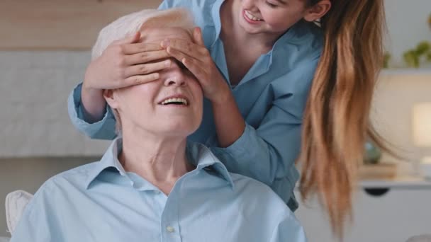 Små barnbarn gör överraskning kramar glad gammal mormor blundar med handflator, ler. Glad 60-tals äldre mormor sitter på soffan hemma på helgerna välkomnande och kramande barnbarn flicka — Stockvideo