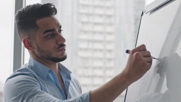 Vue de côté close-up arabe homme d'affaires hispanique patron leader étudiant professeur scientifique professionnel écrit sur le tableau blanc dessine des données graphiques dans le bureau analyse la stratégie de marketing profit études de remue-méninges — Video