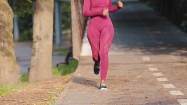 Treino cardiológico exaustivo. Fêmea negra africana cansada fazendo uma pausa para respirar durante o treino de corrida no parque. Mulher atleta cai no joelho de repente sentindo-se mal exausto, tendo lesão esportiva — Vídeo de Stock