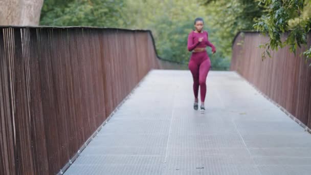 アフリカ系アメリカ人女性のジョガーは、公園でのランニング朝のワークアウト中に呼吸のために休憩を取ります。若いアスレチック女性はマラソンを走った。排出心臓トレーニング、アクティブな健康的なライフスタイルの概念 — ストック動画