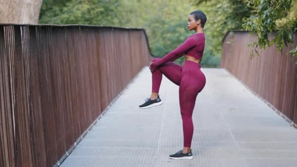 Atlétikai vegyes verseny lány készül a napi futás: csinál nyújtás gyakorlatok lábak, térd. Fiatal fekete Y-generációs nő áll az egyik lábán kapaszkodó térd tartja egyensúlyt a parkban a szabadban nyáron — Stock videók