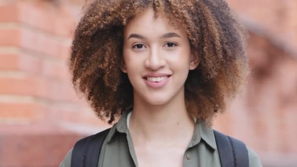 Retrato de close-up de bela mulher americana africana millennial confiante com pele de rosto saudável e perfeita cabelo encaracolado preto. Atraente jovem mestiço fêmea olhando para câmera posando ao ar livre — Vídeo de Stock