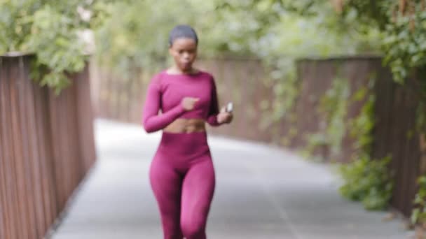 Afroamerikanisch Sport schwarze Joggerin Mädchen in Sportbekleidung erhält Anrufe beim Joggen, beim Cardio-Training, morgendliches Training im Park. Sportliche Frau meldet sich mit Handy und empfindet Irritation — Stockvideo