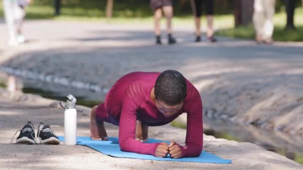 Mujer deportiva negra atractiva joven que usa ropa deportiva que hace flexiones, presiona-sube la posición del ejercicio en la estera del deporte durante el entrenamiento matutino al aire libre, practicando la pose del tablón del yoga, concepto sano del estilo de vida — Vídeos de Stock