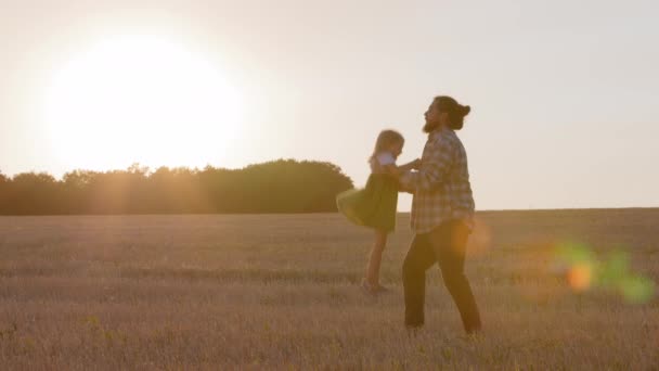 Силует батька і дочки грають у пшеничному полі, насолоджуючись заходом сонця в літній день. Тато кидає дівчинку в повітря з високим літаком на відкритому повітрі. Маленька дитина і тато чоловік розважаються кидаючи дитину — стокове відео