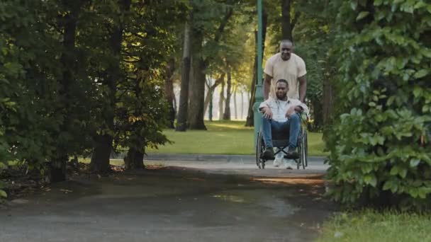 Dos hombres afroamericanos despreocupados caminan en el parque de verano del hospital pasando por aspersores. Maduro adulto negro hombre empujando joven barbudo en silla de ruedas. Personas con discapacidad disfrutando de caminar al aire libre en fin de semana — Vídeo de stock