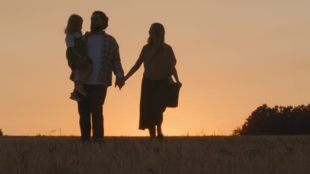 Jovem família de agricultores silhuetas de três pessoas pais com criança andando no campo de trigo à noite ao pôr do sol. Pai carinhoso mantém a filha nos braços segurando bebê indo com a esposa na natureza ao ar livre — Vídeo de Stock