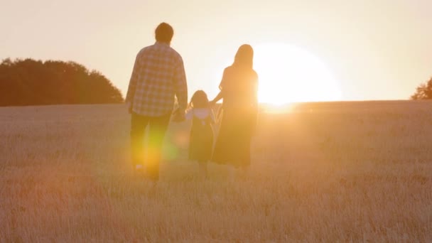 Achteraanzicht mensen in natuurgebied wandelen. Gelukkige familie silhouet wandeling bij zonsondergang achtergrond. Mama, papa en dochter gaan buiten elkaars hand vasthouden. Ouders en kind gaan samen genieten van zonsondergang zonnestralen — Stockvideo