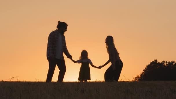 Günbatımı güneşinin arka planında üç insan silueti ve küçük bir kız çocuğu doğada buğday tarlasına atlıyorlar. Oyuncak ebeveynler ve küçük kız çocukları sonbaharda havalanıyor. — Stok video