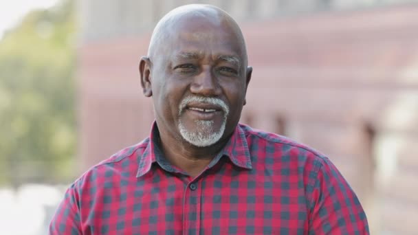 Retrato de primer plano de rostro guapo de anciano negro con sonrisa. Amistoso hombre afroamericano barbudo maduro en camisa mirando a la cámara. Concepto de persona sana disfrutando de la vida de jubilación — Vídeo de stock