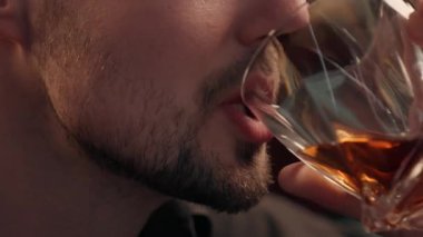 Mutlu Kafkasyalı sarhoş iş adamı evde viski içen keş erkek sakallı iş adamı müşteri cam, pahalı içki bağımlılığı kapalı mekanda sağlıksız