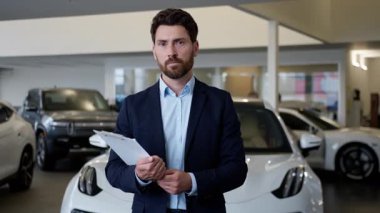 Profesyonel Kafkasyalı iş adamı araba galerisi erkek danışman galerisi araba galerisi satıcısı araba kuaförü iş adamı kağıt sözleşmeli satış servisi otomobil satış servisi