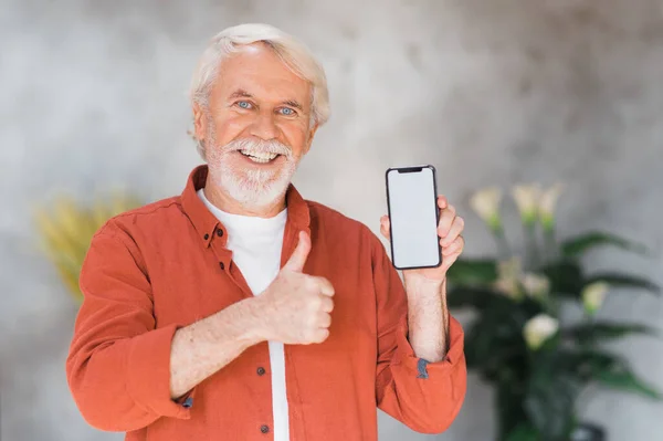 Gray-haired older attractive man smiling holding mobile phone in hand with white screen. Copy space