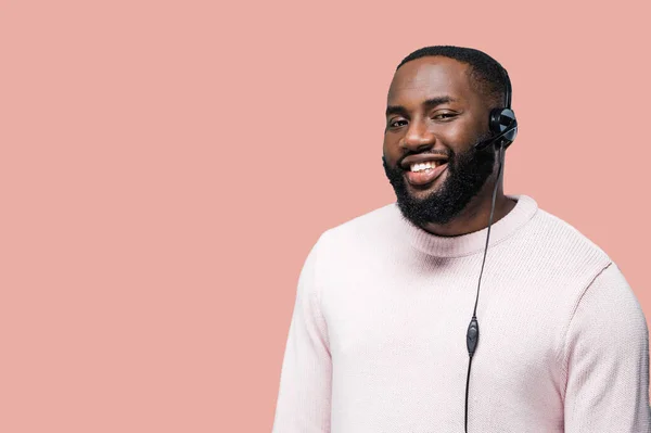 Close Portrait Young African American Man Worker Call Centre Headphones — Stock Photo, Image