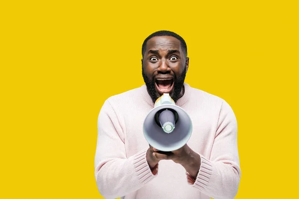 Emotional African American Man Shouts Out Loud Megaphone Some Announcement — Stock Photo, Image