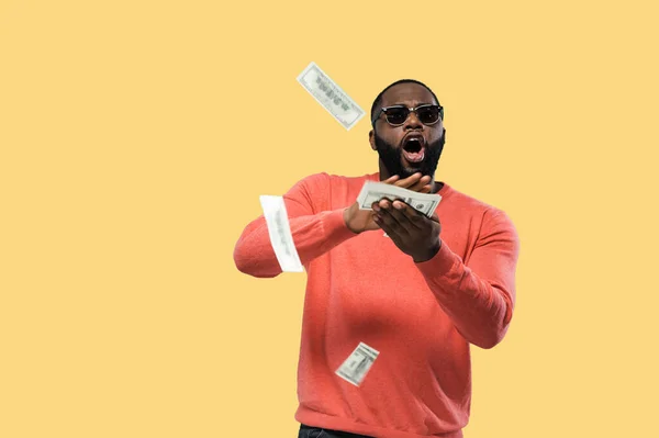 Crazy Happy African American Guy Sunglasses Throws Money Standing Isolated — Stock Photo, Image