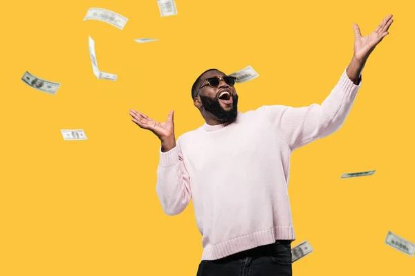 Cheerful Happy African American Man Sunglasses Look Falling Money Winning — Stock Photo, Image