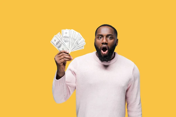 Winning Lottery Excited African American Man Holds Lot Money His — Stock Photo, Image