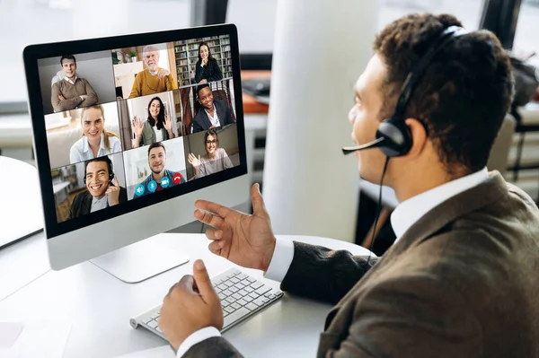 Online Video Conference Successful Young Adult Businessman Manager Headphones Discuss — Stock Photo, Image