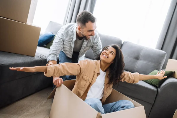 Satisfied Married Couple Celebrate Relocation Attractive Husband Pretty Wife Having — Stock Photo, Image