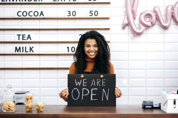 Happy African American Female Barista Waitress Owner Coffee Shop Stands — Stock Photo, Image