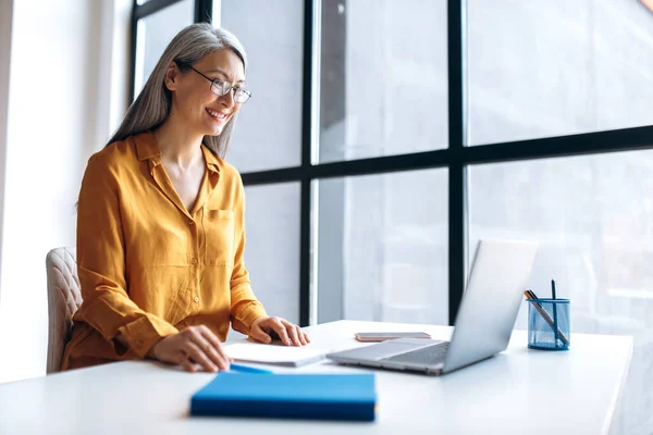 Aziatische vrouw business online ontmoeting virtuele laptop volwassen — Stockfoto