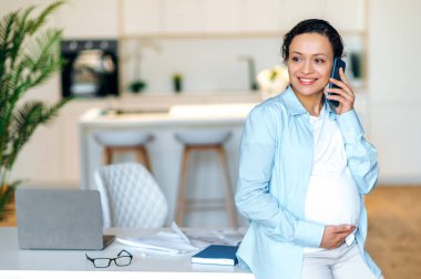 İş yerinde hamile bir kadın karışık ırk yetişkin mutlu bir bilgisayar.