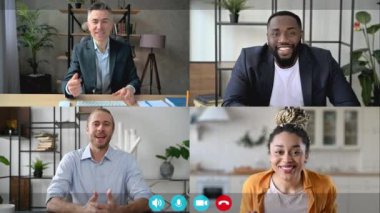 Farklı çok ırklı iş adamlarının video konferansı, video aracılığıyla uzaktan iletişim kuran meslektaşlar, iş meseleleri, evden çalışma. Çevrimiçi iletişim konsepti, sanal toplantı