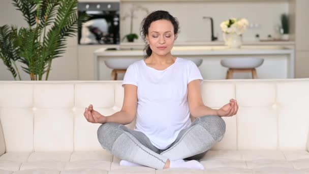 Calme belle heureuse enceinte mixte femme de race, se reposant tout en étant assis à la maison dans le salon sur le canapé en position lotus, les yeux fermés, souriant. La femme enceinte se refroidit, soulage le stress — Video