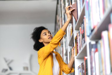 Afrika kökenli Amerikalı kız öğrenci üniversite kütüphanesinde duruyor ve bir kitap arıyor. Bir proje için bilgi arayan oldukça zeki bir kız, kütüphane kitaplığında kitap seçiyor, eğitim kavramı