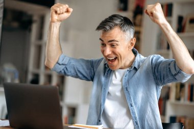 Mutlu, şanslı, gri saçlı beyaz adam, serbest çalışan ya da iş adamı, günlük giysiler içinde, ev ofisinde çalışıyor, başarının, zaferin ya da kârın tadını çıkarıyor, dizüstü bilgisayarına bakıyor, elleriyle hareket ediyor.