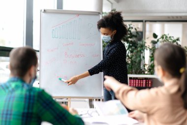 İş adamları koruyucu tıbbi maskeler takarak ofiste toplandılar ve iş projesi, strateji ve fikirleri tartıştılar. Afrikalı Amerikalı kadın beyaz tahtada bilgi gösteriyor.