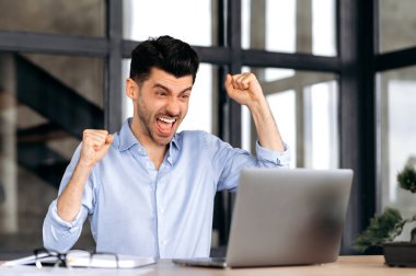Başarılı, neşeli, heyecanlı iş adamı, serbest çalışan ya da yönetici ofisteki masada oturur, başarı, zafer ya da iyi kazanç için bağırır ve sevinir, dizüstü bilgisayara bakar ve elleriyle hareket eder.