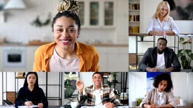 Çevrimiçi iş brifingi, grup beyin fırtınası. Video konferansına katılan çok ırklı iş adamları grubunda ekran görüntüsü, çevrimiçi toplantı, iş arkadaşları video çağrısı ile birlikte konuşuyorlar.