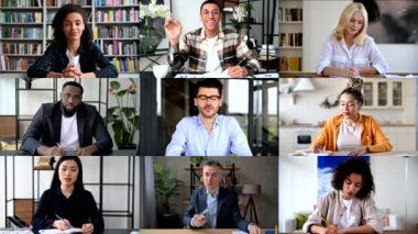 Grup beyin fırtınası, online iş brifingi. Video görüşmesinde konuşan başarılı çok ırklı insanlar, ortaklarla online sanal toplantı, ekranda çeşitli etnik gruplardan insanlar