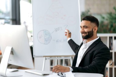 Uzaktan danışmanlık, online iş toplantısı. Hintli başarılı iş adamı ya da akıl hocası, bir çalışma masasında oturuyor, online danışmanlık yapıyor, iş arkadaşlarıyla beyin fırtınası yapıyor, beyaz tahtaya işaret ediyor.