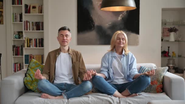 Reifes Liebespaar in lässiger Kleidung, das einen gesunden Lebensstil führt, zu Hause Yoga auf der Couch macht, im Wohnzimmer in Lotusposition sitzt, meditiert, die Augen geschlossen, lächelnd. Gelassenheit — Stockvideo