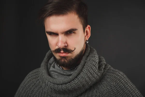 Handsome guy with beard in wool pullover — Stock Photo, Image