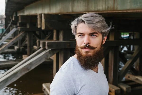 Bearded hipster with nose ring  outdoor — Stok fotoğraf