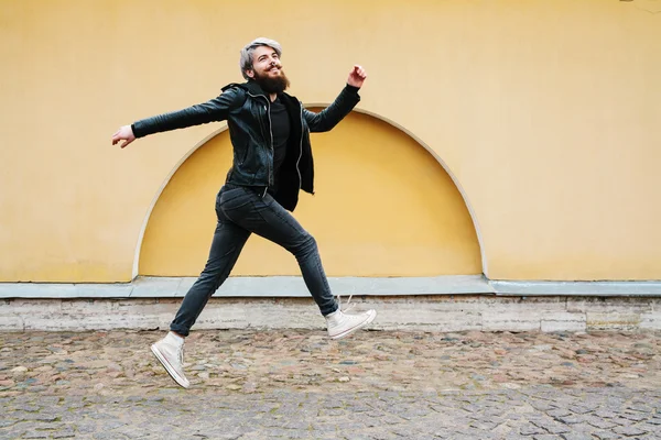 Bearded hipster with nose ring in leather jacket — Stok fotoğraf