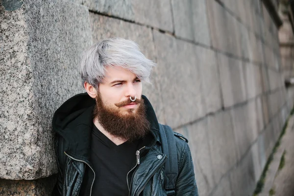 Bearded hipster with nose ring in leather jacket — Stok fotoğraf