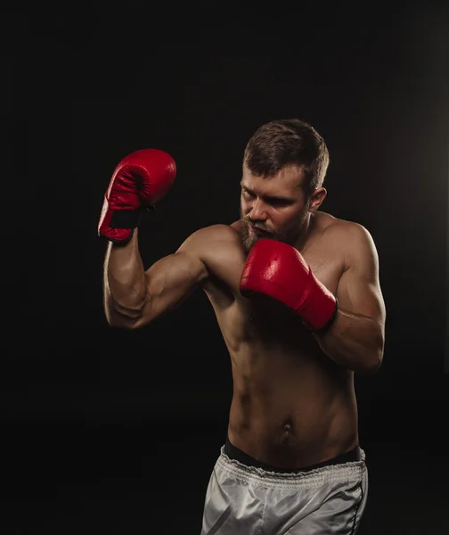 Sportovní vousatý boxer s rukavicemi na tmavém pozadí — Stock fotografie