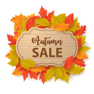 Sonbahar indirimli arka planda yapraklar. Alışveriş satışı, tanıtım afişi, afiş, el ilanı, davetiye, internet sitesi veya tebrik kartı olarak kullanılabilir. Vektör illüstrasyonu