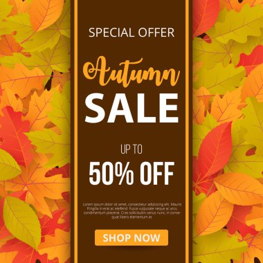 Sonbahar indirimli arka planda yapraklar. Alışveriş satışı, tanıtım afişi, afiş, el ilanı, davetiye, internet sitesi veya tebrik kartı olarak kullanılabilir. Vektör illüstrasyonu
