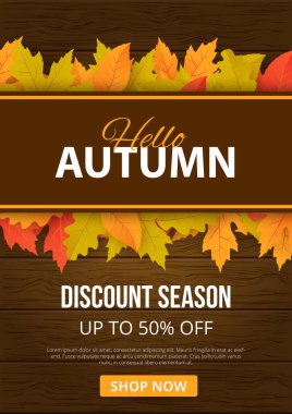 Sonbahar indirimli yapraklı pankart. Alışveriş satışı, tanıtım afişi, afiş, el ilanı, davetiye, internet sitesi veya tebrik kartı olarak kullanılabilir. Vektör illüstrasyonu