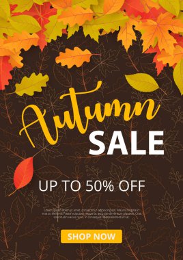 Sonbahar indirimli yapraklı pankart. Alışveriş satışı, tanıtım afişi, afiş, el ilanı, davetiye, internet sitesi veya tebrik kartı olarak kullanılabilir. Vektör illüstrasyonu